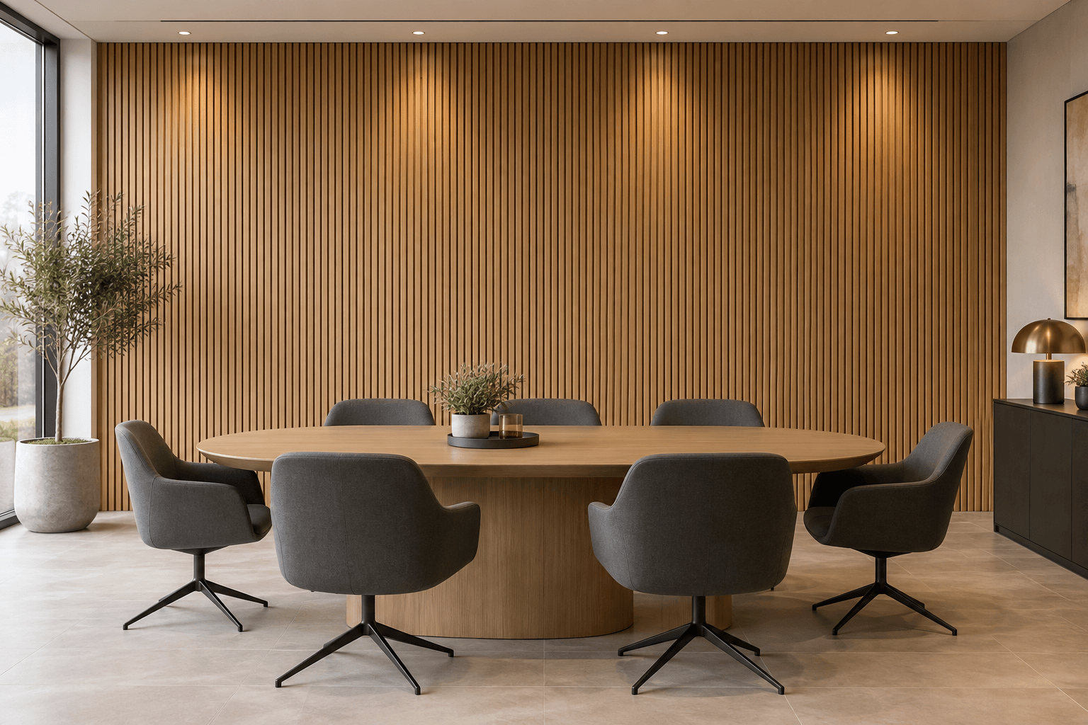 Oak-tone fluted interior WPC wall panels behind an oval conference table and charcoal chairs in a finished meeting suite