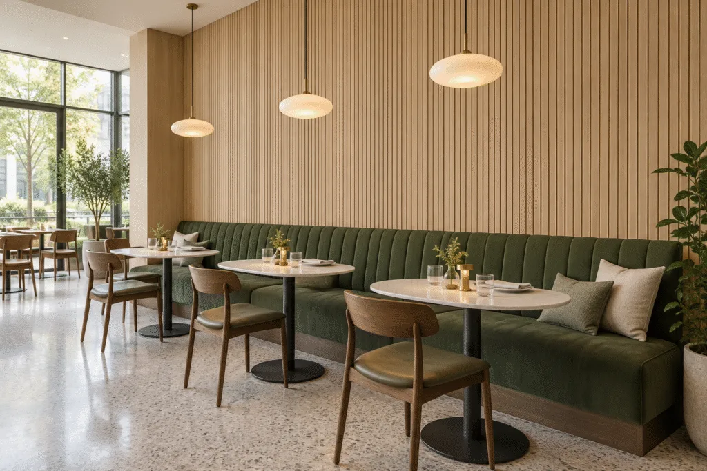 Light oak-look WPC wall panels behind a green restaurant banquette with pendant lighting.