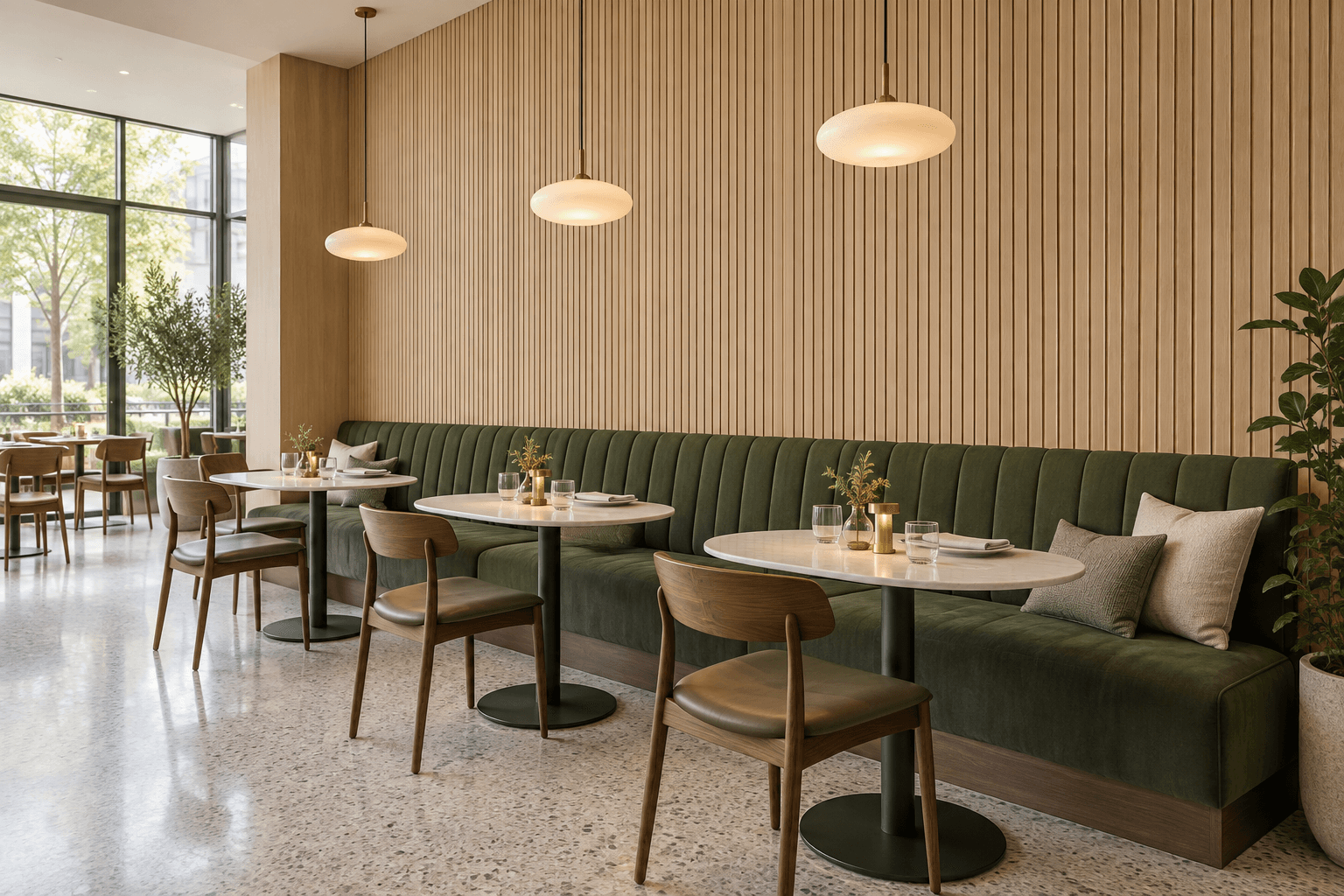 Light oak-look WPC wall panels behind a green restaurant banquette with pendant lighting.