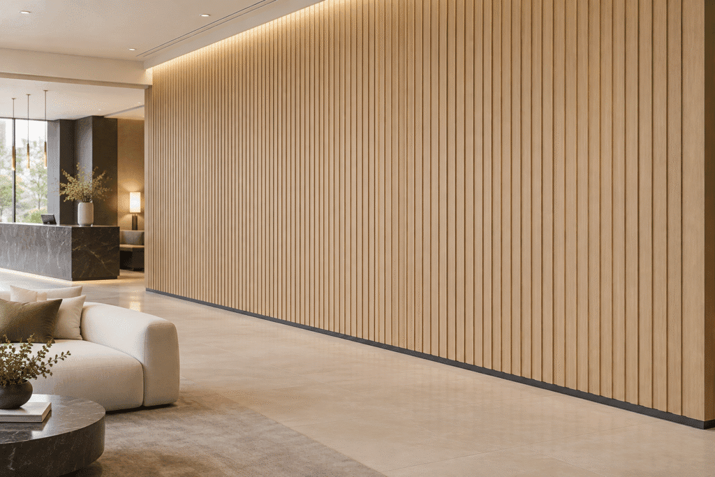 Light oak-look fluted WPC wall panels in a finished hotel reception lounge