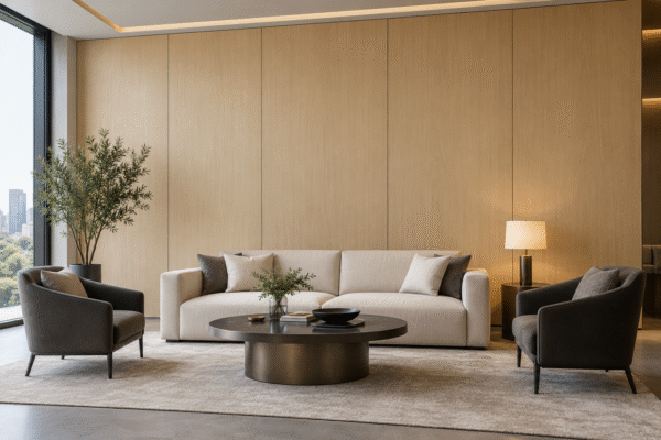 Large flat oak-look bamboo charcoal wall panels behind a cream sofa and charcoal armchairs in a finished executive lounge