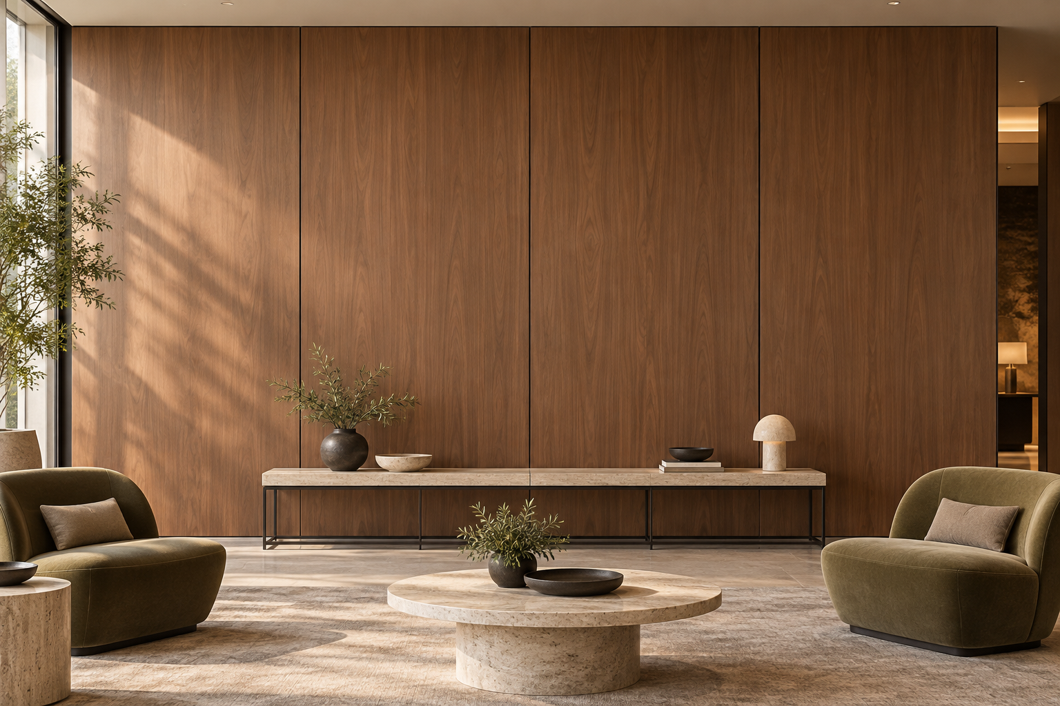 Broad flat walnut-look bamboo charcoal wall panels behind a separate stone-top console and olive lounge chairs in a completed hotel sitting area