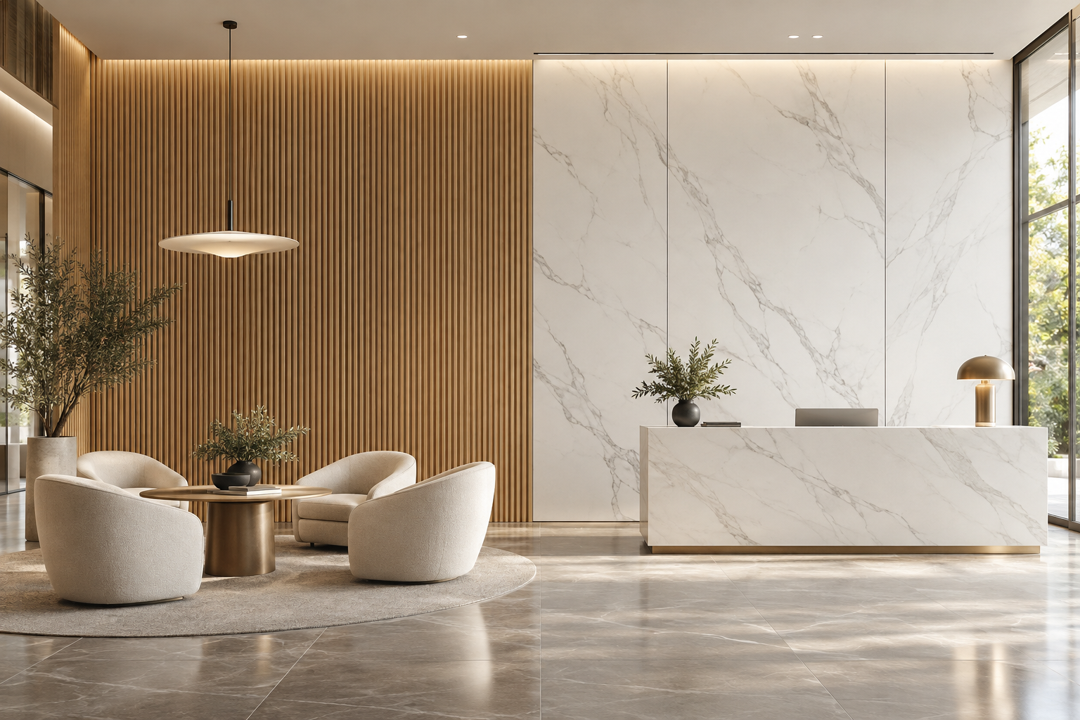 Finished distributor showroom with an oak-tone indoor WPC feature wall, white marble-look wall sheets, reception desk and cream chairs
