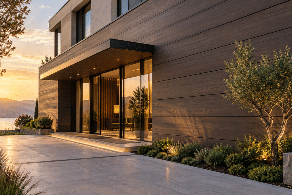 Horizontal charcoal-brown wood-look outdoor WPC wall panels beside a completed glass hotel entrance with dark shadow lines and landscaped paving