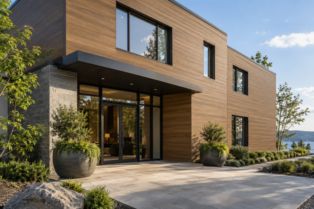 Warm wood-look outdoor WPC wall panels arranged horizontally across a finished hotel facade with dark window frames