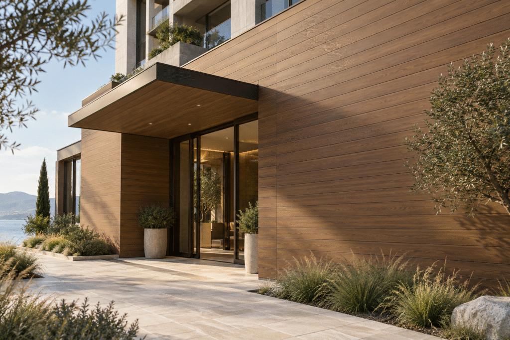 Warm brown horizontal outdoor WPC wall panels around a finished hotel entrance with a shaded canopy and pale stone paving