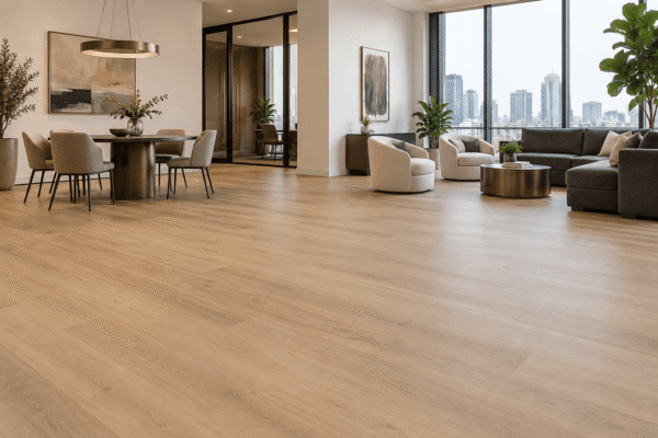 Matte oak-look SPC flooring in a furnished office lounge with a meeting table, cream chairs, a charcoal sofa and large windows