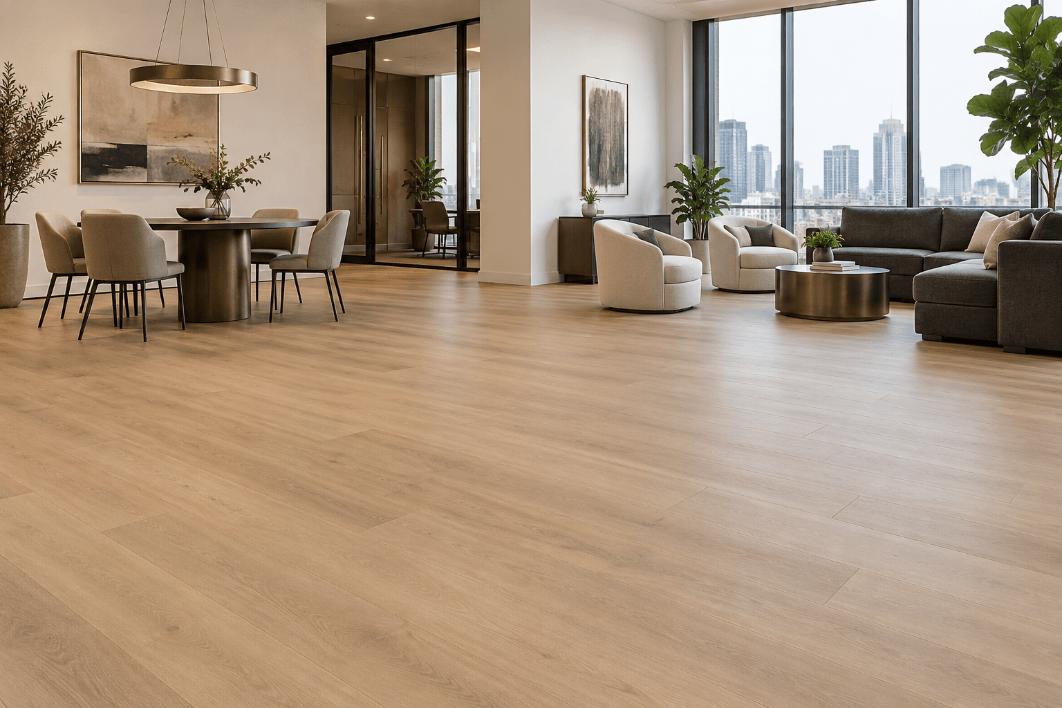 Matte oak-look SPC flooring in a furnished office lounge with a meeting table, cream chairs, a charcoal sofa and large windows