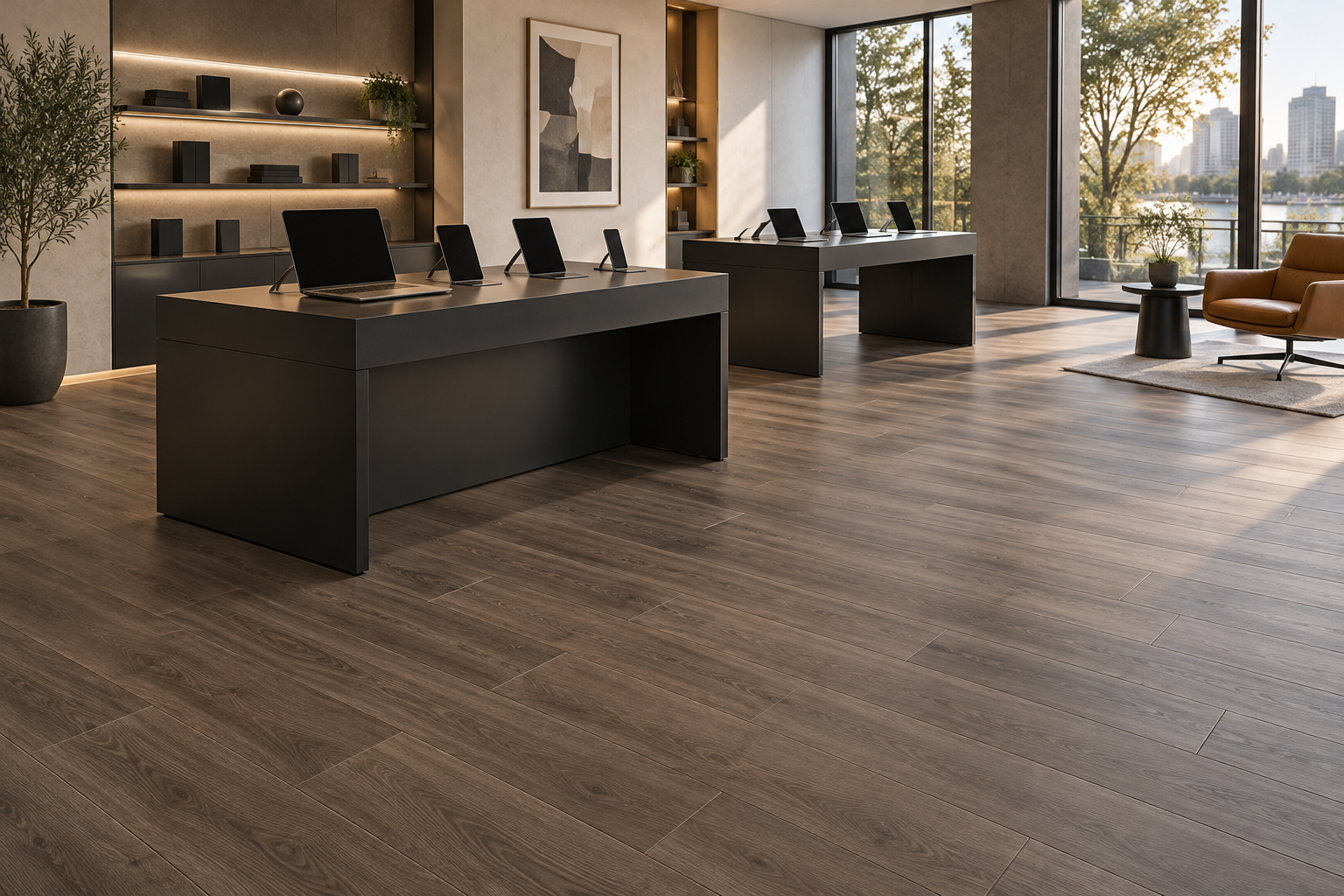 Gray-brown wood-look SPC flooring beneath dark display tables and unbranded devices in a completed electronics showroom