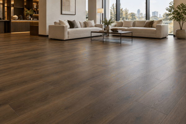 Matte smoked-oak look SPC flooring with staggered plank joints across a completed hotel lounge with oatmeal sofas and large windows