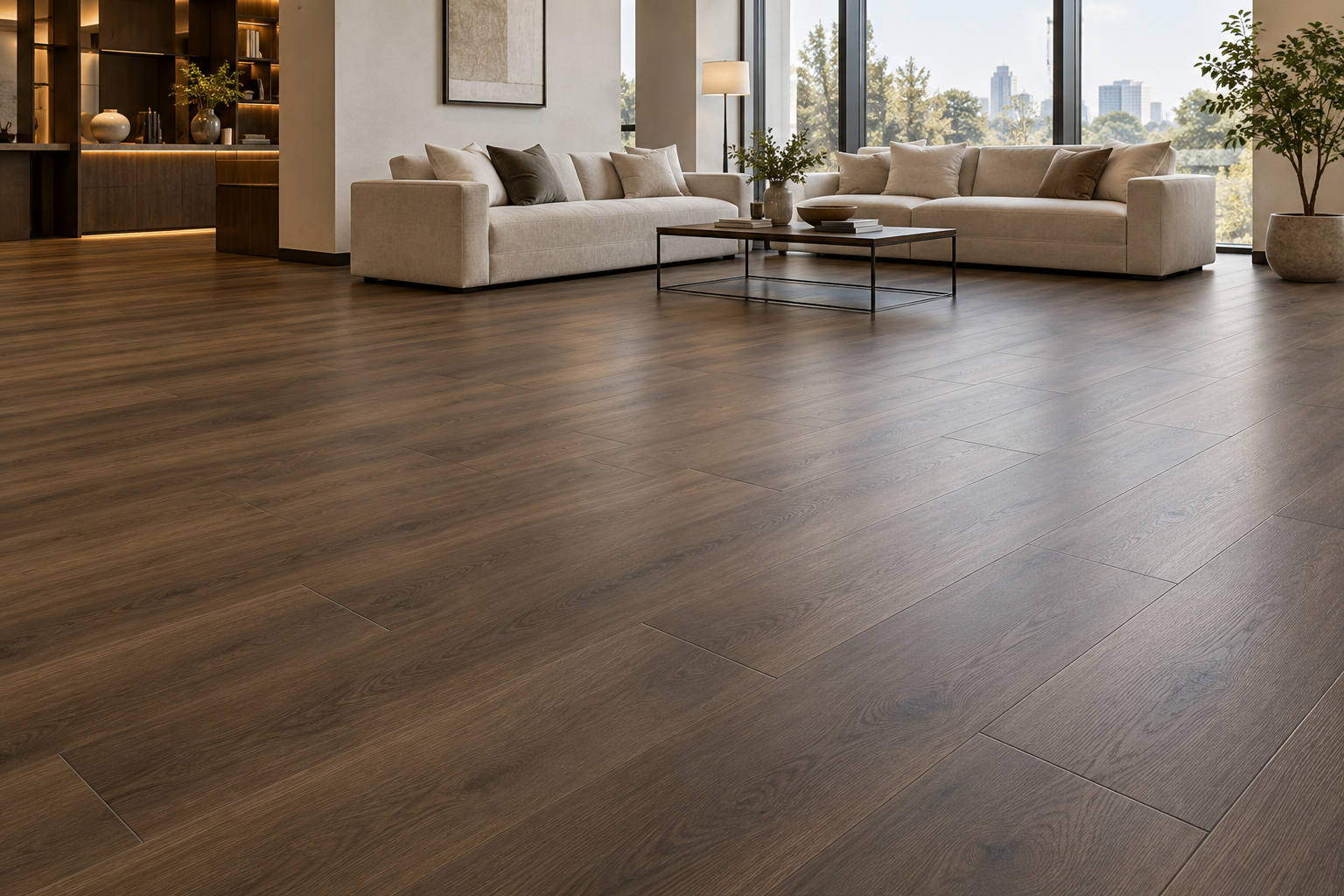 Matte smoked-oak look SPC flooring with staggered plank joints across a completed hotel lounge with oatmeal sofas and large windows
