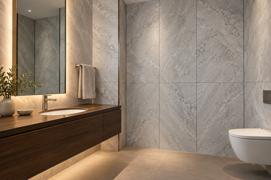 Light gray marble-look SPC wall panels with subtle rectangular joints beside a dark wood vanity, mirror and wall-hung toilet in a finished hotel bathroom