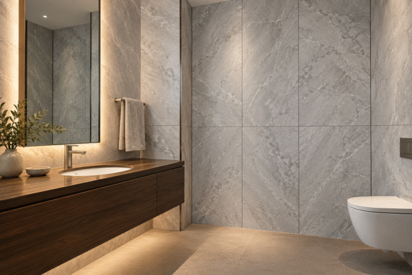 Light gray marble-look SPC wall panels with subtle rectangular joints beside a dark wood vanity, mirror and wall-hung toilet in a finished hotel bathroom