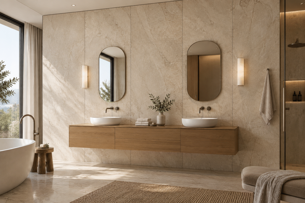 Tall pale stone-look SPC wall panels behind two basins and a floating wood vanity in a finished hotel bathroom