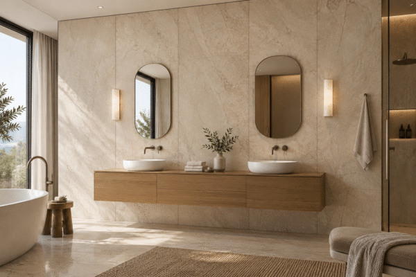 SPC Wall Panels in a Finished Hotel Bathroom Tall pale stone-look SPC wall panels behind two basins and a floating wood vanity in a finished hotel bathroom