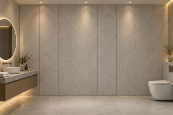Narrow full-height gray stone-look SPC wall panels with vertical joints behind a floating vanity and toilet in a completed hotel bathroom