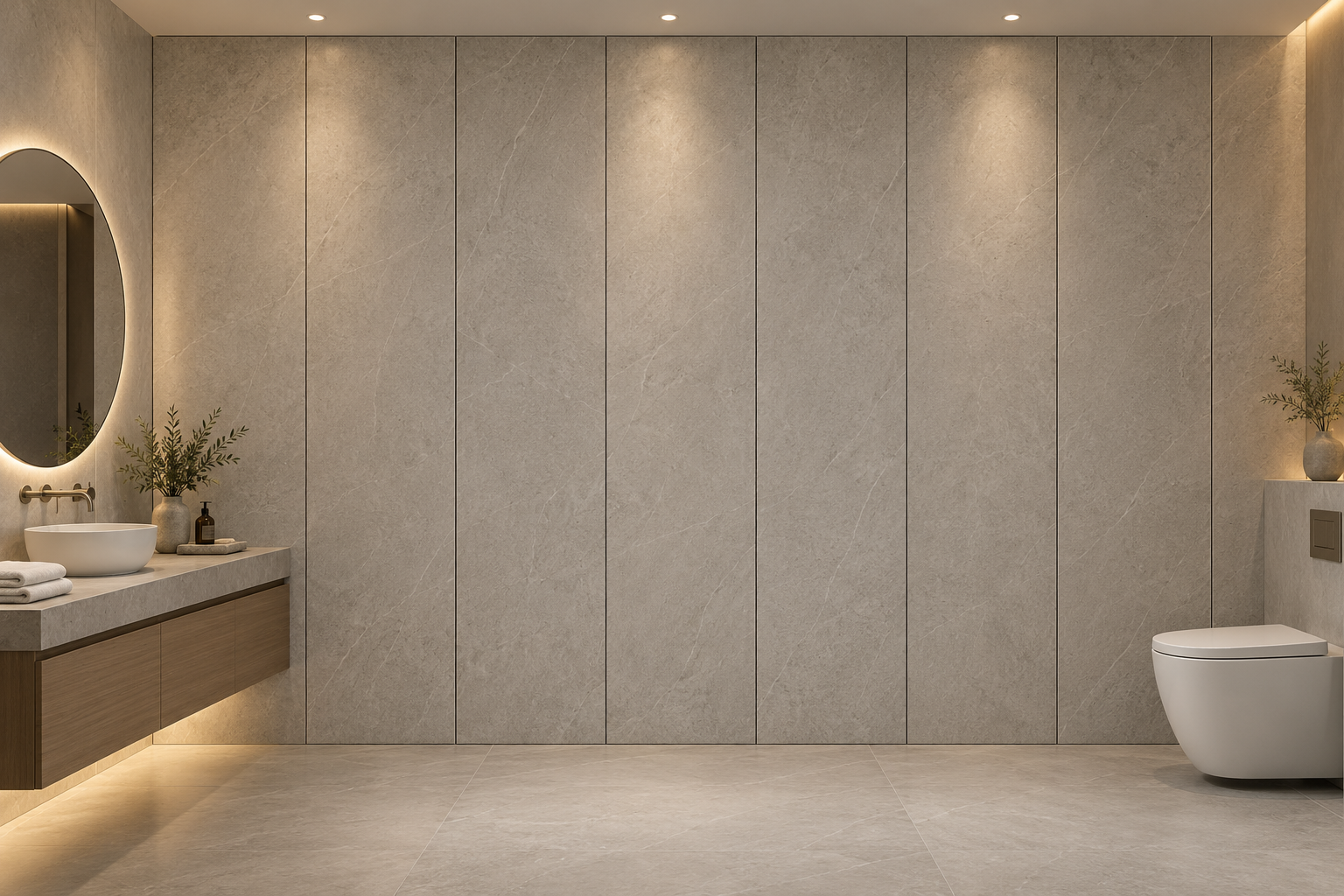 Narrow full-height gray stone-look SPC wall panels with vertical joints behind a floating vanity and toilet in a completed hotel bathroom