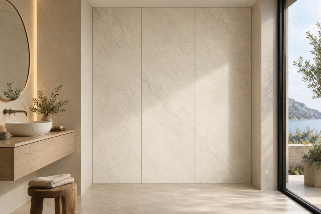 Three tall ivory stone-look SPC wall panels with fine vertical joints beside a light wood vanity in a finished bathroom
