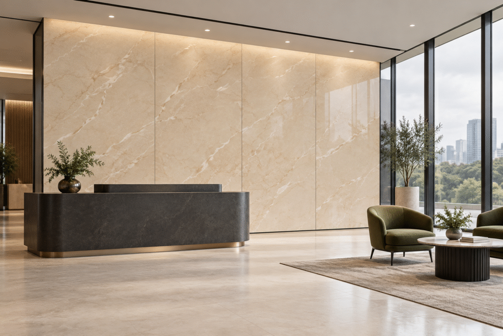 Broad beige UV marble sheets with fine vertical seams behind a charcoal office reception counter beside tall glazing and green visitor chairs
