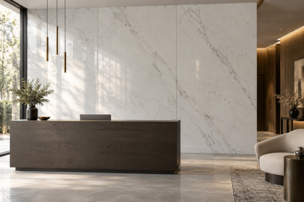 Tall white and gray marble-look UV marble sheets behind a dark reception desk in a furnished hotel lobby