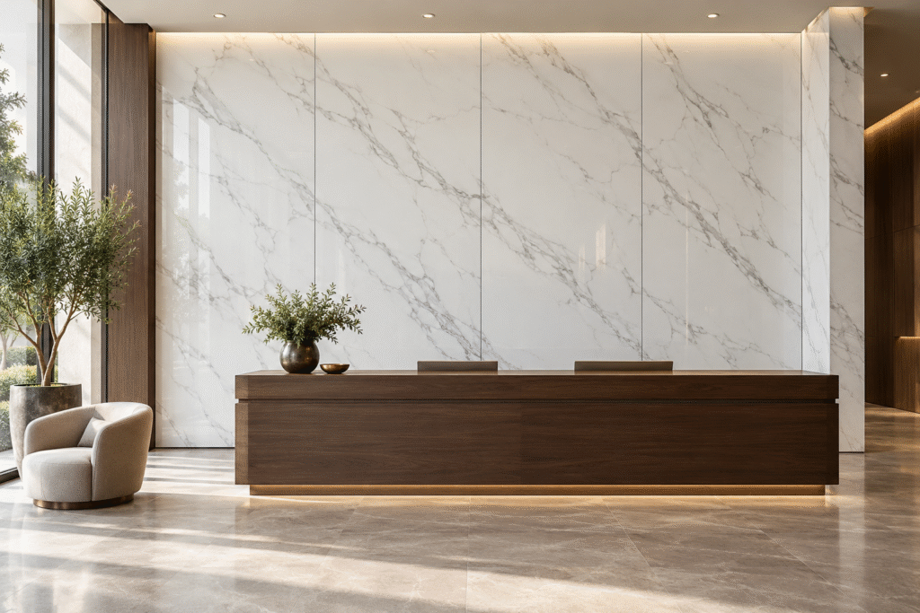 White marble-look UV marble sheets with fine gray veining and vertical joints behind a dark walnut reception desk