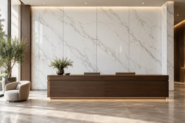 White marble-look UV marble sheets with fine gray veining and vertical joints behind a dark walnut reception desk