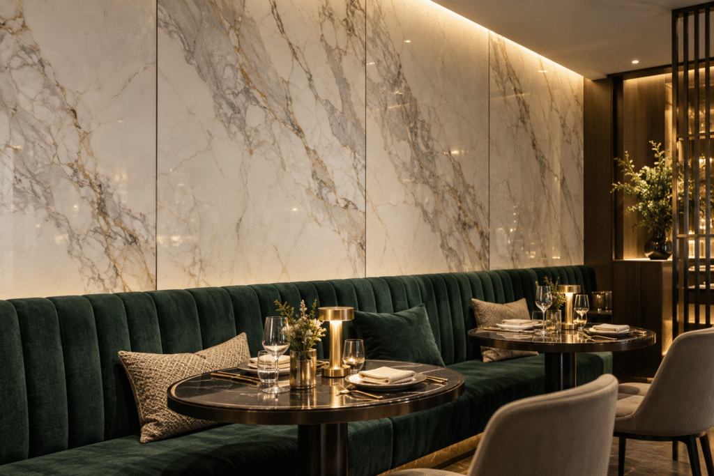 Large ivory marble-look UV wall sheets with fine vertical joints behind an emerald restaurant banquette and round dining tables