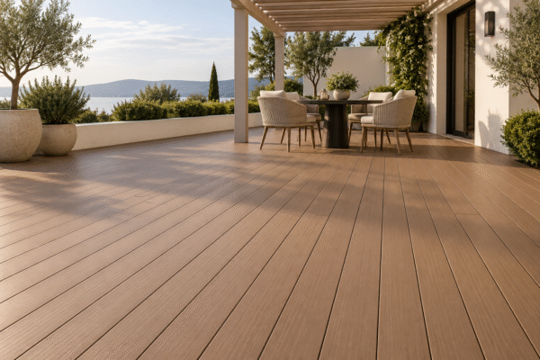 Warm brown WPC decking with a fine brushed walking face across a completed restaurant terrace with woven dining chairs and a pergola