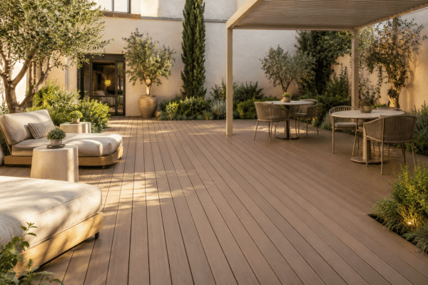 Warm brown WPC decking across a furnished hotel courtyard with pergola shade, cafe seating and an open sunlit walkway