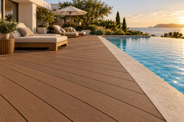 WPC Decking Beside a Finished Hotel Pool Warm teak-brown WPC decking beside a blue hotel swimming pool with pale stone coping and furnished lounge seating