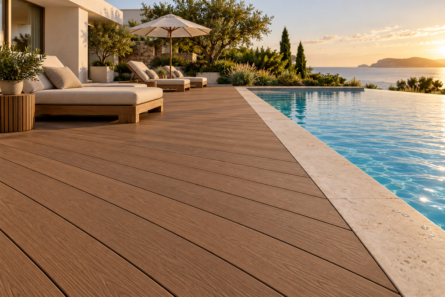 Warm teak-brown WPC decking beside a blue hotel swimming pool with pale stone coping and furnished lounge seating