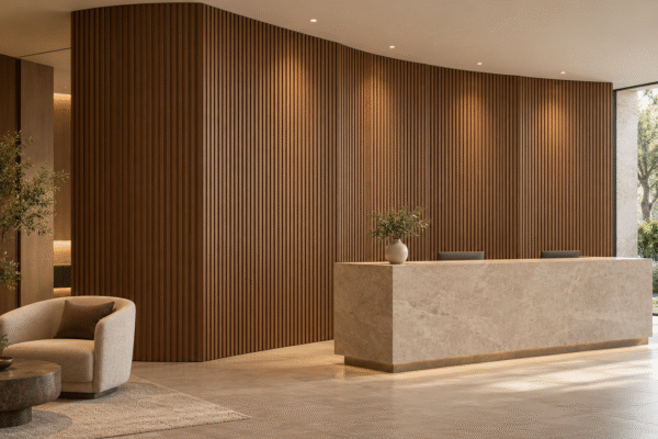 Warm walnut-look vertically fluted indoor WPC wall panels on a gently faceted convex wall behind a separate stone reception desk