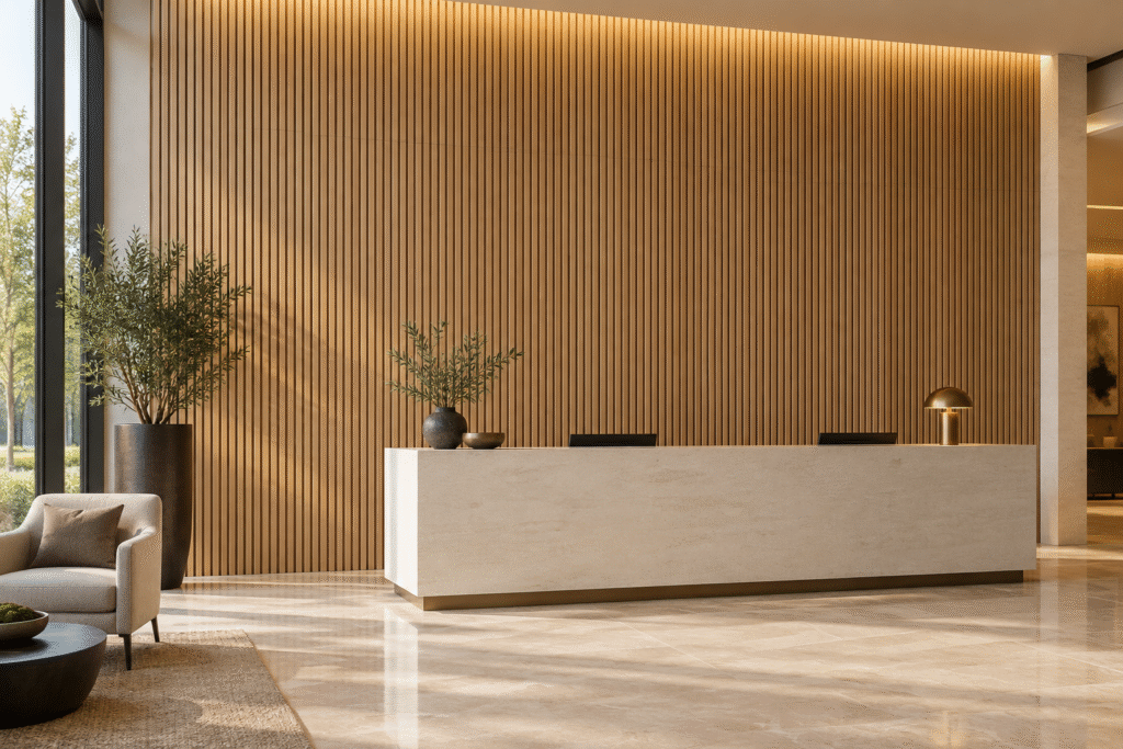 Light oak-look fluted indoor WPC wall panels behind a pale hotel reception counter with warm grazing light