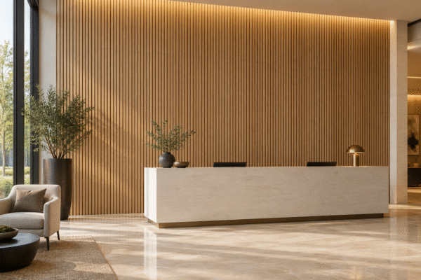 Light oak-look fluted indoor WPC wall panels behind a pale hotel reception counter with warm grazing light