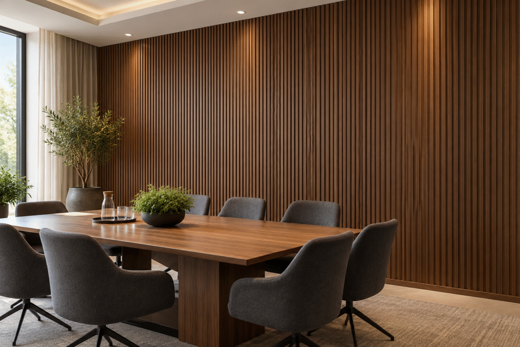 Vertical walnut-look indoor WPC wall panels behind a conference table and charcoal chairs in a completed hotel meeting room