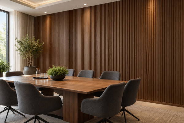 Vertical walnut-look indoor WPC wall panels behind a conference table and charcoal chairs in a completed hotel meeting room